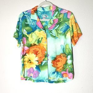 Jams World Short Sleeve Button Up Shirt Women's S Parisian Garden Floral
